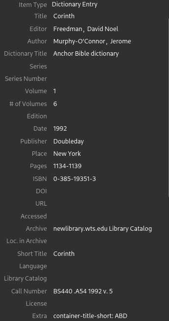 Zotero Item Pane Screenshot Showing Extra with container-title-short: ABD