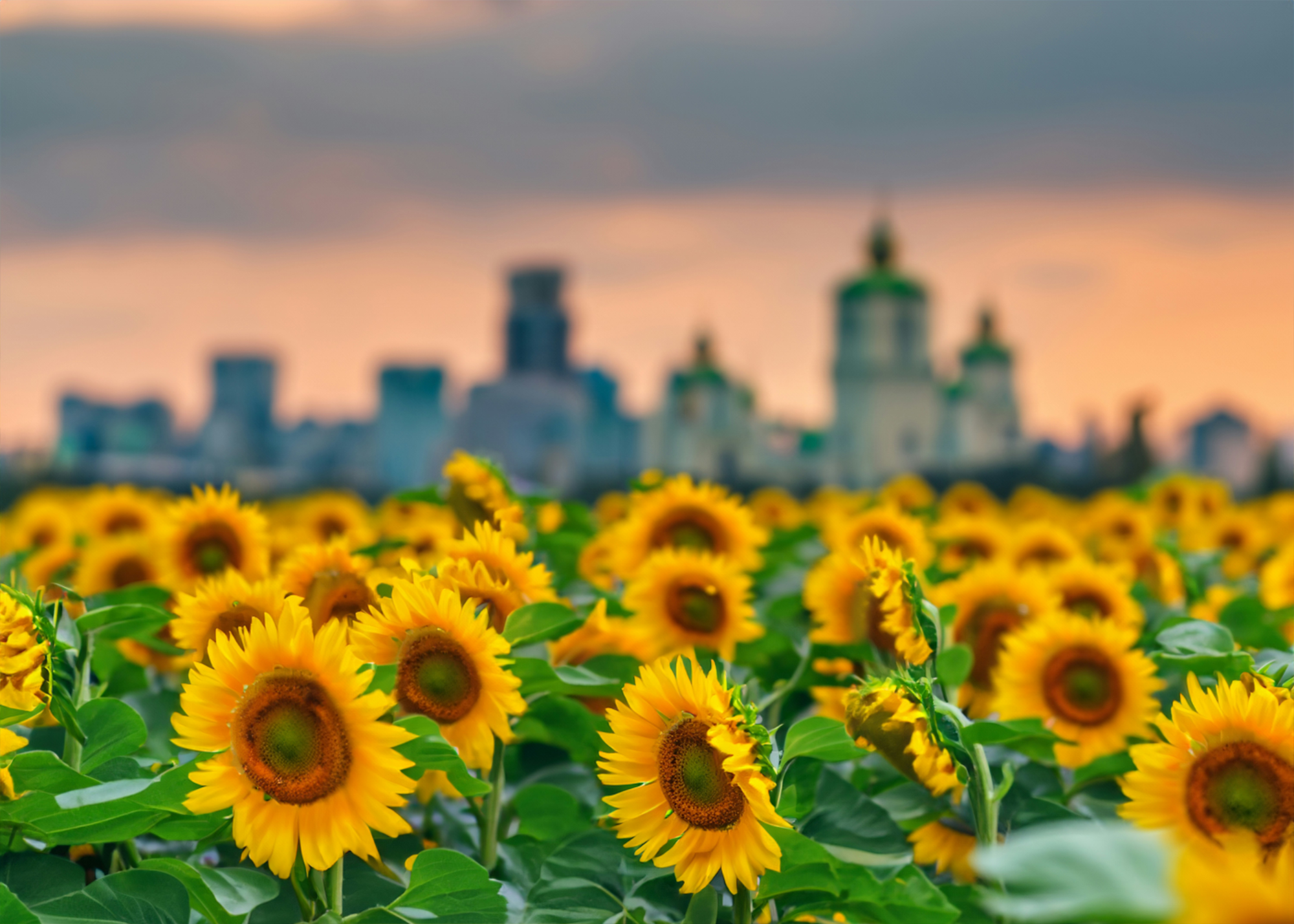 Sunflower Field with Kyiv in the Background
