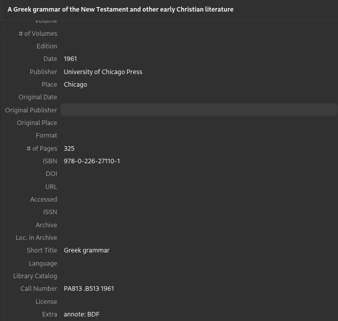Zotero Extra Field Showing an Entry of 'annote: BDF'